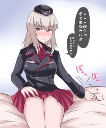 Rule 34 | 1girl, bed sheet, black hat, black jacket, blue eyes, blush, breasts, collared shirt, commentary request, garrison cap, girls und panzer, grey hair, hand on ground, hand on own thigh, hat, highres, itsumi erika, jacket, kuromorimine military uniform, large breasts, long hair, looking at viewer, miniskirt, on bed, red shirt, sekitaku, shirt, sitting, skirt, sweatdrop, thighhighs, translation request