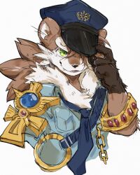 1boy accessories animal_ears ao_gravity blue_necktie claws commentary fang fang_out furry furry_male green_eyes hat highres male_focus necktie otter_(housamo) otter_boy otter_ears pawpads police police_hat police_uniform smile symbol-only_commentary tokyo_houkago_summoners upper_body white_background