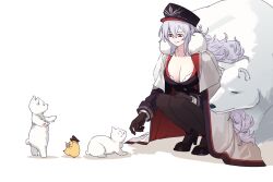 1girl animal azur_lane bear bird black_gloves black_pantyhose bra bra_peek breasts cape cleavage dog fur_trim gloves graf_zeppelin_(azur_lane) grey_hair hair_between_eyes hat hatski.sin high_heels highres jacket large_breasts lion long_hair long_sleeves manjuu_(azur_lane) military_hat pantyhose peaked_cap red_eyes simple_background smile squatting underwear very_long_hair white_background white_hair