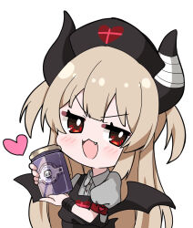 1girl amai_nekuta apron armband bandaged_horn bandaged_wrist bandages bat_wings black_apron black_bandages black_hat black_horns black_wings blonde_hair blush chibi chibi_only fang grey_shirt hat heart heart_print holding horns long_hair looking_at_viewer natori_sana natori_sana_(devil_natori) nurse_cap open_mouth red_armband red_eyes sana_channel shirt simple_background solo virtual_youtuber white_background wings