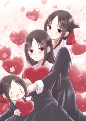 Rule 34 | 3girls, black dress, black hair, blush, chibi, closed mouth, commentary request, dress, flower, flower on head, folded ponytail, hair down, hair ribbon, heart, heart background, holding, holding heart, kaguya-sama wa kokurasetai ~tensai-tachi no renai zunousen~, long hair, long sleeves, looking at viewer, maekawa suu, multiple girls, multiple persona, open mouth, pink background, pink flower, red eyes, red ribbon, ribbon, school uniform, shinomiya kaguya, shuuchiin academy school uniform, smile, winter uniform, | |
