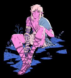 1boy :| ancient_set_(zelda) arm_on_knee bare_shoulders black_background blonde_hair body_markings choo closed_mouth commentary english_commentary gladiator_sandals grass hair_between_eyes hair_intakes highres knee_up link male_focus nintendo plant pointy_ears prosthesis prosthetic_arm sandals single_bare_shoulder sitting solo the_legend_of_zelda the_legend_of_zelda:_tears_of_the_kingdom