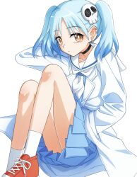 1girl black_choker blue_hair blush brown_eyes choker closed_mouth hair_ornament hand_in_pocket izutsumi_marin looking_at_viewer ninja_to_koroshiya_no_futarigurashi school_uniform skull_hair_ornament solo twintails worupenta