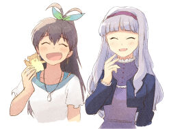 animal animal_on_shoulder antenna_hair black_hair blush closed_eyes cropped_torso earrings facing_viewer fang ganaha_hibiki grey_hair hair_ribbon hairband hamster hamuzou hoop_earrings idolmaster idolmaster_(classic) jewelry long_hair long_sleeves open_mouth ponytail ribbon shijou_takane shirt short_sleeves simple_background smile tsubobot upper_body white_background white_shirt