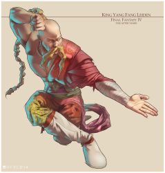 1990s_(style) 1boy asymmetrical_clothes balding bandages blonde_hair boots braid fighting_stance final_fantasy final_fantasy_iv final_fantasy_iv:_the_after_years highres jamal_campbell knee_boots long_hair male_focus monk muscular single_braid solo yang_fang_leiden