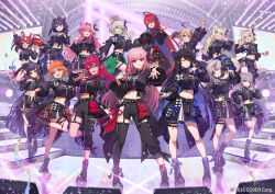 6+girls ankle_boots asymmetrical_clothes black_boots black_jacket black_pants black_shirt black_skirt black_thighhighs boots cecilia_immergreen collared_shirt commentary_request concert copyright_notice cropped_jacket cropped_shirt elizabeth_rose_bloodflame full_body fuwawa_abyssgard garter_straps gigi_murin grin hakos_baelz highres holoadvent holojustice hololive hololive_english hololive_idol_uniform_(color_rise) holomyth holopromise idol_clothes irys_(hololive) jacket koseki_bijou kuroi_susumu lace-up_boots looking_at_viewer midriff mococo_abyssgard mori_calliope multiple_girls navel nerissa_ravencroft ninomae_ina&#039;nis official_alternate_costume official_art one_eye_closed open_mouth ouro_kronii pants platform_boots raora_panthera reaching reaching_towards_viewer shiori_novella shirt single_garter_strap single_pantsleg single_thighhigh skirt smile stage standing standing_on_one_leg takanashi_kiara thigh_strap thighhighs virtual_youtuber waving
