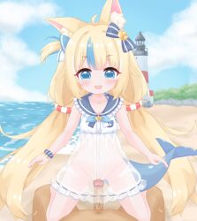 1boy 1girl :3 :d ahoge animal_ear_fluff animal_ears bare_arms bare_legs beach blonde_hair blue_bow blue_bowtie blue_eyes blue_sailor_collar blue_scrunchie blue_sky blue_streaks blue_tail blush bow bowtie breast_pocket buttons cat_ears center-flap_bangs clothed_female_nude_male clothed_sex cloud cloudy_sky commentary commentary_request cowgirl_position day dress english_commentary erection fins fish_tail frilled_dress frilled_shirt_collar frills hair_bow hair_flaps hetero highres indie_virtual_youtuber just_the_tip lifebuoy_hair_ornament lighthouse loli long_hair looking_at_viewer low_twintails mixed-language_commentary multicolored_hair nude ocean oldb one_side_up open_mouth outdoors paid_reward_available penis pocket pov pov_crotch public_indecency public_nudity sailor_collar sailor_dress sameko_saba scrunchie see-through_clothes see-through_dress sex shore short_dress single_ear_down sky smile solo_focus straddling straight-on streaked_hair tail tareme twintails uncensored vaginal variant_set very_long_hair virtual_youtuber white_dress wrist_scrunchie