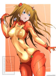 Rule 34 | 1girl, ass, bodysuit, breasts, covered navel, curvy, evangelion: 2.0 you can (not) advance, hand in own hair, huge ass, lips, long hair, looking to the side, mecha pilot suit, navel, neon genesis evangelion, open mouth, parted lips, plugsuit (evangelion), railtracer8888, rebuild of evangelion, red bodysuit, see-through bodysuit, see-through clothes, shaded face, shiny clothes, simple background, skin tight, souryuu asuka langley, sunlight, test plugsuit (evangelion), twitter username, two side up, wide hips