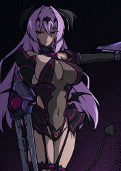 1girl absurdres aoi_tabane breasts cleavage corruption covered_navel dark_persona demon_tail evil_smile garter_straps gloves hair_intakes highres katsuragi_marina kouyoku_senki_exs-tia large_breasts leotard liberator_(kouyoku_senki_exs-tia) long_hair looking_at_viewer pubic_tattoo purple_eyes purple_hair see-through_clothes smile solo tail tattoo thighhighs weapon wings