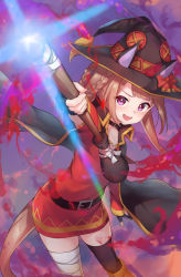 Rule 34 | 1girl, animal ears, broom, brown hair, collarbone, commentary request, cosplay, hair rings, hat, highres, horse ears, horse girl, horse tail, kono subarashii sekai ni shukufuku wo!, low twintails, magic, megumin, megumin (cosplay), open mouth, pizza (pizzania company), purple background, purple eyes, sweep tosho (umamusume), tail, thighs, twintails, umamusume, witch hat