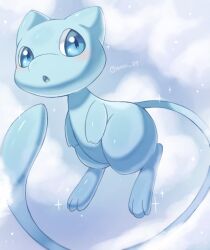 :o alternate_color animal_focus artist_name blue_eyes blue_skin blue_sky cloud colored_skin floating gen_1_pokemon iwasi_29 legendary_pokemon mew_(pokemon) mythical_pokemon nintendo no_humans open_mouth pokemon pokemon_(creature) shiny_pokemon sky sparkle tail twitter_username