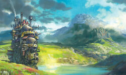 blue_sky building cloud day highres howl_no_ugoku_shiro lake mountain no_humans official_art oga_kazuo outdoors scan scenery sky smoke studio_ghibli third-party_source traditional_media wide_shot
