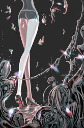 Rule 34 | 1other, ass, bare legs, black background, character doll, cinnabar (houseki no kuni), clone, colored shoe soles, doll, from behind, gem uniform (houseki no kuni), head out of frame, highres, houseki no kuni, legs, liquid, loafers, lower body, mercury (element), nukumorineko, other focus, shoes, shorts, simple background, skin tight, solo, sparkle, twitter username, walking