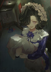 2girls absurdres apron black_hair black_ribbon blanket blood blue_flower ceiling_light clone corpse cowboy_shot crazy_smile door dress fisheye flower hair_over_one_eye hallway highres holding holding_blanket indoors long_sleeves looking_at_viewer maid maid_headdress multiple_girls neck_flower neck_ribbon one_eye_covered panmee pink_eyes purple_dress reverse:1999 ribbon short_hair smile solo_focus swaddled tuesday_(reverse:1999) white_apron