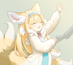1girl animal_ears arknights blonde_hair blue_hairband cardigan closed_eyes commentary_request fie_in_b86 fox_ears fox_girl frilled_hairband frills hairband highres holding_hands kitsune kyuubi long_hair long_sleeves multiple_tails neck_ribbon open_mouth red_ribbon ribbon solo_focus suzuran_(arknights) suzuran_(spring_praise)_(arknights) tail yellow_cardigan