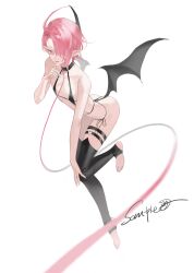 1boy absurdres aster_(nu_carnival) feet gloves highres male_focus nu_carnival open_mouth pink_hair pointy_ears shanhuwang shoes stirrup_legwear tail thighhighs thong toeless_legwear vampire