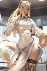 1girl blonde_hair boots gloves green_eyes hair_ornament hairpods lips long_hair looking_at_viewer nier_(series) nier:automata no_panties solo standing thigh_boots thighhighs thighhighs_under_boots whip white_gloves commander_(nier:automata) zumi_(zumidraws)