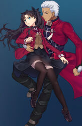 1boy 1girl archer_(fate) black_footwear black_hair black_skirt black_thighhighs blue_background blue_eyes brown_vest carrying carrying_person dark-skinned_male dark_skin fate/stay_night fate_(series) full_body highres homurabara_academy_school_uniform jacket loafers long_hair looking_at_viewer open_clothes open_jacket parted_lips red_jacket school_uniform shirt shoes short_hair skirt thighhighs tohsaka_rin twintails vest white_hair white_shirt yewang19