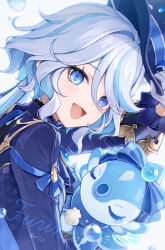 1girl 6u_(eternal_land) ascot blue_ascot blue_brooch blue_gemstone blue_hat blue_jacket comiket_106 drop-shaped_pupils eyelash_ornament furina_(genshin_impact) gem genshin_impact hat heterochromia highres jacket mismatched_pupils multicolored_hair open_mouth streaked_hair symbol-shaped_pupils top_hat