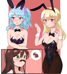 Rule 34 | 2koma, 3girls, bang dream!, blonde hair, blue hair, blush, bow, bowtie, breasts, brown hair, cleavage, comic, embarrassed, fake ears, fake facial hair, fake mustache, green eyes, hanazono tae, highres, leotard, long hair, matsubara kanon, medium breasts, multiple girls, playboy bunny, purple eyes, rabbit ears, shirasagi chisato, side ponytail, sweat