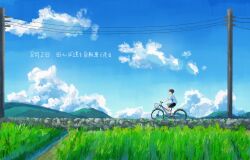 1boy bicycle black_hair black_shorts blue_sky cloud commentary_request day field highres hill horizon i_salmon_7 original outdoors power_lines riding riding_bicycle sandals scenery shirt short_hair short_sleeves shorts sitting sky solo stone_wall t-shirt utility_pole white_shirt wide_shot