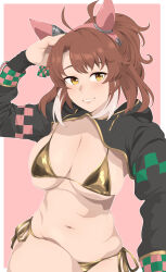 Rule 34 | absurdres, animal ears, bikini, breasts, brown hair, cleavage, colored tips, commentary request, cowboy shot, cropped hoodie, dantsu flame (umamusume), gold bikini, grin, highres, hood, hood down, hoodie, horse ears, horse girl, horse tail, kumabachi315, large breasts, multicolored hair, navel, outside border, pink background, side-tie bikini bottom, simple background, smile, stomach, streaked hair, swimsuit, tail, umamusume, white hair