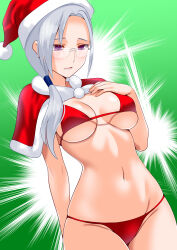 1girl aria_seifort bikini breasts commission engo_(aquawatery) forehead glasses grey_background grey_hair hand_on_own_chest hat highres large_breasts long_hair navel parted_lips pixiv_commission purple_eyes red_bikini red_hat rising_impact santa_bikini santa_costume solo standing stomach swimsuit thighs tongue