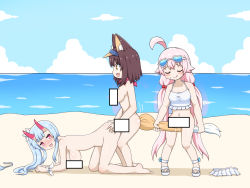 1futa 2girls absurdres all_fours beach blue_archive breasts censored censored_nipples chise_(blue_archive) chise_(swimsuit)_(blue_archive) doggystyle futa_with_female futanari greenteaneko group_sex hanging_breasts highres hoshino_(blue_archive) hoshino_(swimsuit)_(blue_archive) izuna_(blue_archive) izuna_(swimsuit)_(blue_archive) masturbation multiple_girls navel novelty_censor outdoors public_indecency ribbon sandals scarf sex sex_from_behind swimsuit tail tail_masturbation threesome wrist_ribbon