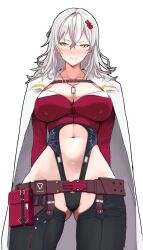 1girl absurdres belt_pouch blush breasts chaps chest_strap cleavage clothing_cutout coat coat_on_shoulders cropped_jacket dog_tags gluteal_fold goddess_of_victory:_nikke grey_hair hair_between_eyes hair_ornament highres large_breasts leotard long_hair messy_hair navel navel_cutout pouch shiny_skin simple_background solo standing stomach_cutout white_background white_coat yellow_eyes yulha_(nikke) zenisu