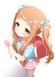 1girl :o arched_bangs backpack bag blue_ribbon blue_shirt blue_thighhighs brown_hair child commentary_request crime_prevention_buzzer crime_prevention_buzzer_threat hair_ornament hair_ribbon hairclip heisei_retro highres hosizora_mikoto ichihara_nina idolmaster idolmaster_cinderella_girls long_hair looking_at_viewer multicolored_thighhighs open_mouth pink_skirt pink_thighhighs randoseru red_bag revision ribbon shirt short_sleeves sidelocks skindentation skirt solo striped_clothes striped_thighhighs t-shirt thighhighs twintails white_background yellow_eyes yellow_thighhighs