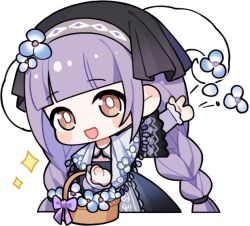 1girl artist_request basket black_dress black_headscarf black_sleeves blue_flower blunt_bangs blush_stickers braid bright_pupils brown_eyes chibi collar country_lolita cropped_legs curled_horns detached_collar dress floral_print flower frilled_collar frilled_sleeves frills fringe_trim hair_flower hair_ornament hair_tie happy headscarf holding holding_basket horns horns_through_headwear infinity_nikki layered_sleeves lolita_fashion long_hair long_sleeves looking_at_viewer low_twin_braids motion_lines nikki_(series) official_art open_mouth pastoral_dance_(infinity_nikki) purple_hair purple_sleeves rose_print shawl sheep_horns sleeves_past_wrists smile solo sparkle tareme throwing transparent_background twin_braids very_long_hair white_collar white_horns white_pupils white_shawl
