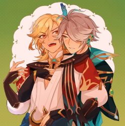 2boys alhaitham_(genshin_impact) anger_vein angry antenna_hair black_gloves black_shirt blonde_hair blue_sash blush cable cape commentary dadadabibadum earrings elbow_gloves english_commentary fingerless_gloves genshin_impact gloves gold_earrings gold_necklace gold_trim green_background green_cape green_eyes green_hair grey_hair hair_between_eyes hair_over_one_eye headphones highres hug hug_from_behind jewelry kaveh_(genshin_impact) long_hair long_sleeves looking_at_another male_focus multicolored_hair multiple_boys necklace one_eye_covered open_mouth parted_bangs parted_lips partially_fingerless_gloves polka_dot polka_dot_background puffy_sleeves red_cape red_eyes sash shirt short_hair smile sweatdrop swept_bangs tassel teeth upper_teeth_only v-shaped_eyebrows vision_(genshin_impact) white_background white_shirt yaoi