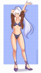 Rule 34 | arm behind back, black bra, black panties, blue background, blue eyes, border, bra, brown jacket, commission, cosplay, hand up, high heels, highres, jacket, long hair, panties, rwby, scar, scar across eye, scar on face, thighs, tiara, underwear, weiss schnee, white border, white hair, yang xiao long, yang xiao long (cosplay), yellow nicky