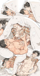 Rule 34 | 2boys, :p, abs, adam&#039;s apple, bara, bed, black hair, black male underwear, blush, breath, brown eyes, bulge, chest tattoo, chinese commentary, closed eyes, commentary request, erection, erection under clothes, facial hair, french kiss, goatee, grin, hand on another&#039;s chest, hand on another&#039;s face, hand on another&#039;s shoulder, heart, heart hands, highres, kiryu kazuma, kiss, looking at another, lower teeth only, lying, lying on person, majima goro, male focus, male underwear, multiple boys, nipple stimulation, nipple tweak, nipples, notice lines, on back, open mouth, pectorals, pillow, ryuu ga gotoku (series), saliva, short hair, short sideburns, smile, speech bubble, starshadowmagician, sweat, tattoo, teeth, tongue, tongue out, under covers, underwear, upper teeth only, very sweaty, white background, yaoi