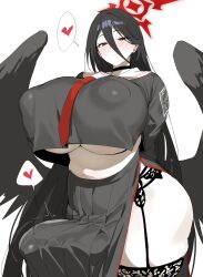 1girl absurdres black_hair black_serafuku black_wings blue_archive breasts bulge covered_erect_nipples erection erection_under_clothes futanari hair_between_eyes halo hasumi_(blue_archive) heart highres huge_breasts long_hair looking_at_viewer red_eyes red_halo school_uniform serafuku simple_background smile solo spoken_heart thick_thighs thighs underboob white_background wings xipa