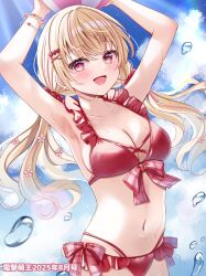 Rule 34 | 1girl, armpits, arms up, ball, beachball, bikini, blonde hair, blush, bracelet, breasts, cleavage, hair between eyes, hair ornament, highres, holding, holding ball, holding beachball, jewelry, large breasts, long hair, looking at viewer, navel, open mouth, original, pink eyes, pink hair, red bikini, sakura hiyori, smile, solo, stomach, swimsuit, water, wet