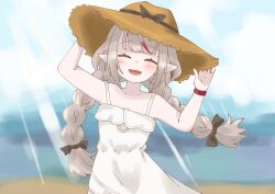 1girl absurdres bangle bare_shoulders black_bow black_ribbon blunt_bangs blurry blurry_background blush bow bracelet braid closed_eyes collarbone cowboy_shot dress fang floating_hair grey_hair hair_ribbon hands_on_headwear hat hat_bow highres jewelry long_hair looking_at_viewer makaino_ririmu makaino_ririmu_(3rd_costume) mayoineko multicolored_hair nijisanji open_mouth pointy_ears red_eyes red_hair ribbon sidelocks skin_fang sleeveless sleeveless_dress smile solo straw_hat streaked_hair sundress sunlight twin_braids virtual_youtuber white_dress wind yellow_hat
