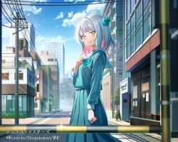 1girl aqua_eyes aqua_gemstone aqua_hair aqua_ribbon aqua_sailor_collar aqua_skirt blue_bow blue_bowtie blue_hair blue_sky bow bowtie building cityscape closed_mouth cloud cloudy_sky colored_inner_hair copyright_notice crysta_(duel_masters) duel_masters duel_masters_lost gem hair_ornament looking_at_viewer multicolored_hair official_art outdoors pink_hair railroad_crossing ribbon sailor_collar sakuma_ryuichi school_uniform skirt sky solo town two-tone_hair utility_pole