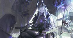 Rule 34 | 1girl, 2others, arknights, armor, armored boots, armored gloves, black armor, black cloak, black horns, black mask, black tail, black thighhighs, blackcatoho, blonde hair, boots, box, breasts, chair, cloak, coat, coat on shoulders, cowboy shot, crossed legs, dark, dragon girl, dragon horns, dragon tail, fiery tail, fire, green eyes, hair over one eye, highres, holding, holding box, hood, hood up, horns, long hair, mask, medium breasts, multiple others, necrass (arknights), on chair, parted lips, purple fire, shoulder armor, shoulder spikes, sitting, slit pupils, spikes, tail, thighhighs, torn clothes, torn thighhighs, undead, very long hair, white coat
