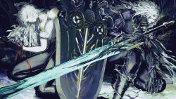 Rule 34 | 1boy, 1girl, bare shoulders, black choker, black gloves, black horns, black pants, blue eyes, breasts, calcharo (wuthering waves), choker, commentary request, curled horns, gloves, grey hair, highres, holding, holding necktie, holding sword, holding weapon, horns, large breasts, long hair, looking at viewer, mutation, necktie, on one knee, pants, red necktie, shield, shirt, shirt tucked in, sword, unworn necktie, weapon, white shirt, wuthering waves, yoshi (houndbell), zani (wuthering waves)