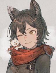 Rule 34 | 1girl, :3, animal, animal ears, animal in clothes, animal on shoulder, black hair, black shirt, bow, cat, cat ears, cat girl, closed mouth, dungeon meshi, grey background, hair between eyes, hashtag-only commentary, highres, izutsumi, looking at animal, maeka (kumaekake), one eye closed, portrait, red scarf, scarf, scarf bow, shirt, short hair, solo, striped clothes, striped scarf, white cat, yellow eyes