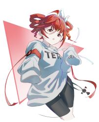 1girl :o ahoge alternate_costume arm_belt belt bike_shorts black_shorts bow commentary grey_sweater hair_between_eyes hair_bow hand_up highres kasane_teto kasane_teto_(sv) looking_at_viewer mituban0yousei red_belt red_eyes red_hair shorts sleeves_past_fingers sleeves_past_wrists solo sweater symbol-only_commentary synthesizer_v triangle_background utau very_long_sleeves white_background