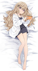 abe_kanari barefoot black_camisole black_shorts brown_hair camisole casual_one-piece_swimsuit cellphone full_body hair_ornament high_school_fleet highres holding holding_phone jacket long_hair lying one-piece_swimsuit open_clothes open_jacket phone purple_eyes shorts swimsuit uda_megumi wavy_hair x_hair_ornament