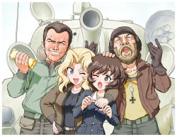 Rule 34 | 10s, 2boys, 2girls, akiyama yukari, arm around shoulder, beard, belt, black shirt, blonde hair, blue eyes, blue jacket, brown eyes, brown hair, brown jacket, clint eastwood, closed eyes, cross, donald sutherland, facial hair, girls und panzer, gloves, goggles, gold, gold bar, grin, helmet, iron cross, jacket, kay (girls und panzer), kelly&#039;s heroes, kumazura chuu, long hair, long sleeves, looking at another, m4 sherman, medium tank, messy hair, military, military uniform, military vehicle, motor vehicle, multiple boys, multiple girls, one eye closed, open mouth, parody, private kelly, sergeant oddball, shirt, short hair, smile, standing, tank, upper body, vehicle, wink