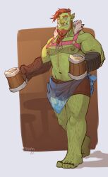1boy absurdres alcohol bara bare_pectorals beard beard_stubble beer braid braided_beard chest_harness earrings facial_hair full_beard full_body gradient_skin hair_tattoo hairy harness highres incoming_drink jewelry large_pectorals long_beard male_focus mature_male monster_boy muscular muscular_male nail_polish navel navel_hair nipples orc original pectorals pointy_ears seductive_smile short_hair smile solo standing stubble thick_beard thick_chest_hair thick_eyebrows thick_leg_hair thick_navel_hair thighs toenail_polish toenails tsurime tusks tuskyrayan undercut very_hairy waiter wooden_arm zargaron_(rosegorc)