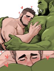 2boys bara beard between_pecs between_pectorals blush colored_skin completely_nude dopey_(dopq) facial_hair fangs fantasy from_side green_skin head_between_pecs highres interspecies large_pectorals male_focus mature_male monster_boy multiple_boys muscular muscular_male nude orc original paid_reward_available pectoral_grab pectoral_pillow pectoral_press pectorals short_hair size_difference thick_eyebrows upper_body warrior yaoi