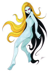 1girl ass blonde_hair blue_skin breasts colored_skin highres kazuma_kaneko looking_back official_art pointy_ears red_eyes shin_megami_tensei simple_background undine undine_(megami_tensei)