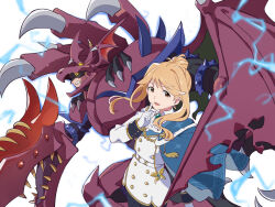 1boy 1girl blonde_hair brown_armor clenched_teeth crossover destiny_hero_-_plasma duel_monster electricity futa_yuri_ryona hair_bun idolmaster idolmaster_million_live! jacket simple_background skirt teeth tenkuubashi_tomoka white_background white_jacket white_skirt yellow_eyes yu-gi-oh!