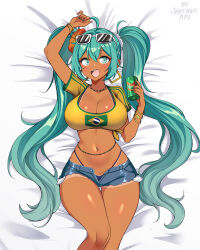 ahoge aqua_eyes aqua_hair ass bed blush bracelet brazilian_flag brazilian_flag_print brazilian_miku breasts can cleavage collarbone crop_top dark-skinned_female dark_skin denim denim_shorts drink ear_piercing earrings eyewear_on_head flag_print flower gold_bracelet green_nails guarana_antarctica hair_elastic hair_flower hair_ornament hatsune_miku holding holding_can holding_drink jarckius jewelry large_breasts long_hair lying multicolored_nails navel necklace on_back on_bed open_clothes open_mouth open_shorts piercing shiny_skin shirt short_shorts shorts smile solo sunglasses t-shirt tan thighs very_long_hair vocaloid waist_jewel wide_hips yellow_nails yellow_shirt
