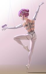 1girl absurdres arms_behind_back athletic_leotard ball_gag ballerina ballet ballet_slippers bare_shoulders bdsm blue_eyes bondage bound bound_arms bound_fingers bound_torso bound_wrists crotch_rope female_focus from_behind gag gag_harness gagged highres kamikawa_sumire_(himitsu) leotard looking_at_viewer mechanical_arms medium_hair original pantyhose pointe purple_hair restrained reverse_prayer shibari shibari_over_clothes skindentation solo standing standing_on_one_leg tiptoes variant_set wanliu white_pantyhose wiffle_gag